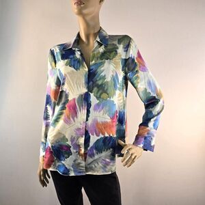 NIC + ZOE Autumn Rainbow Satin Shirt Size Medium Watercolor Hues Long Sleeve